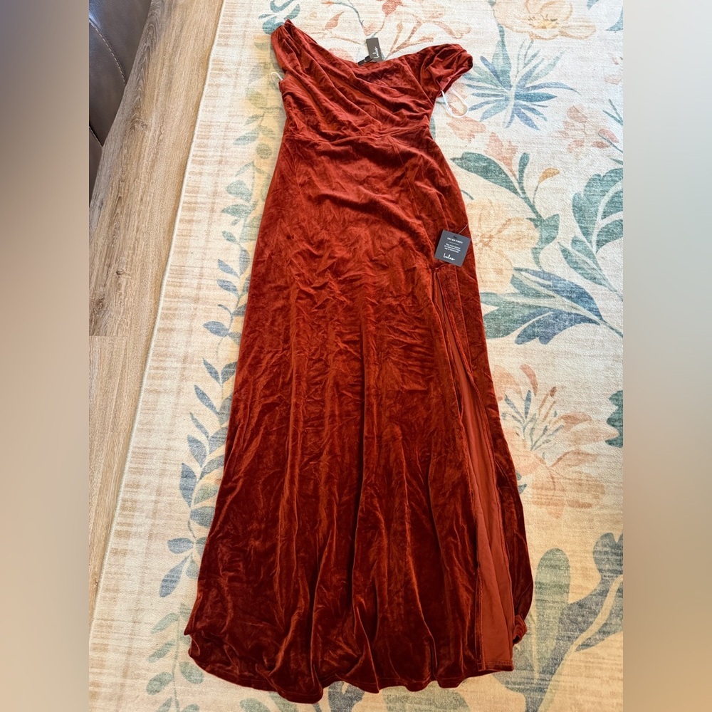 Lulus Coveted Confidence Rust Orange Velvet Asymmetrical
Maxi Dress - Picture 4 of 5